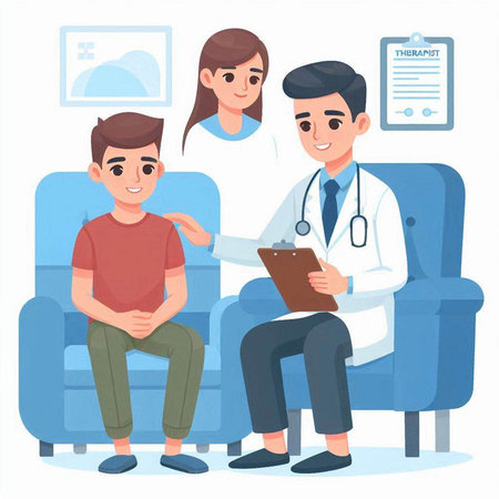 Doctor and patient in medical office. Healthcare concept. Vector illustration in cartoon styleのイラスト素材