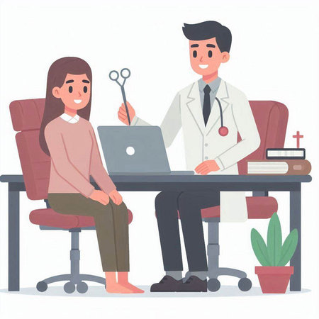 Doctor and patient in office. Vector illustration in cartoon style. Man and woman sitting at the table.のイラスト素材
