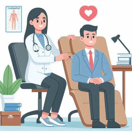 Doctor and patient sitting in a chair. Vector illustration in cartoon style.のイラスト素材