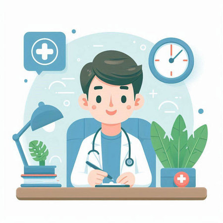 Male doctor sitting at desk in office. Flat style vector illustration.のイラスト素材