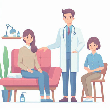Doctor with stethoscope and patient in medical office. Vector illustration.のイラスト素材