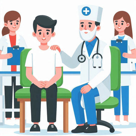 Vector illustration of a group of doctors and patients sitting on chairs.のイラスト素材