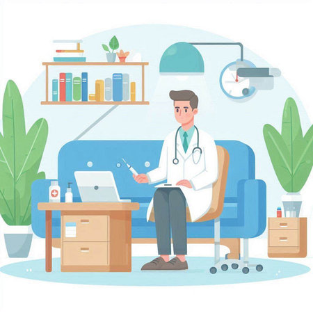 Vector illustration of a doctor sitting on a sofa in his office.のイラスト素材