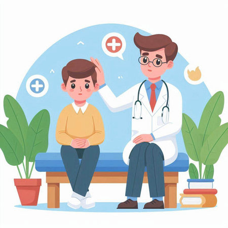 Doctor and patient sitting on bench. Doctor and patient in hospital. Vector illustrationのイラスト素材