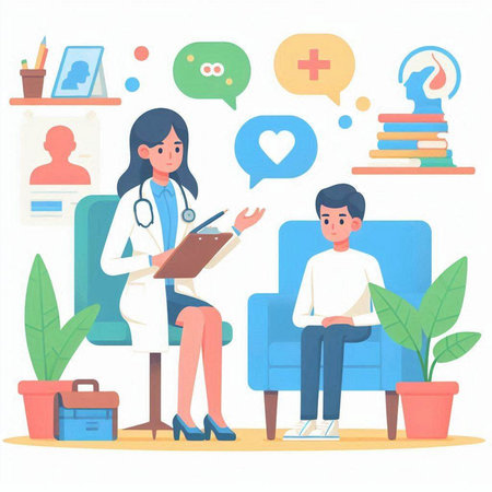 Doctor and patient sitting on couch with speech bubbles. Vector illustration.のイラスト素材