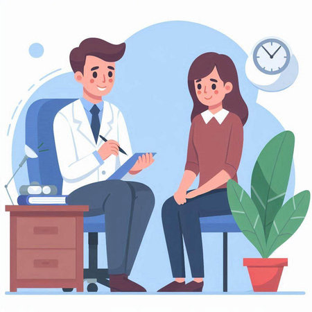 Patient sitting at the reception desk with a male doctor. Vector illustrationのイラスト素材