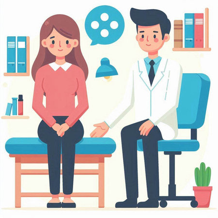 Doctor and patient sitting on chairs in the office. Cartoon vector illustration.のイラスト素材