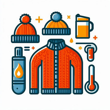 Winter clothes color line icon. Knitted sweater, hat, scarf, thermometer. Vector illustration.のイラスト素材