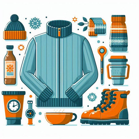 Winter sport equipment and accessories. Vector set of sport clothing, hat, scarf, sweater, gloves, ice skates, cup and flask.のイラスト素材