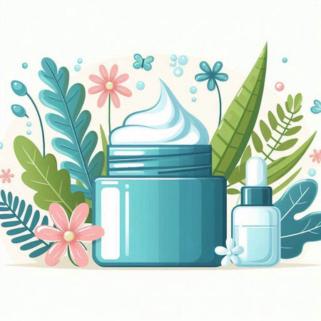 Cosmetic bottle with moisturizing cream and flowers. Vector illustration.のイラスト素材