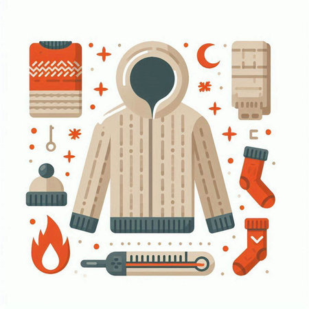 Winter clothing and accessories. Vector illustration in flat style on white background.のイラスト素材