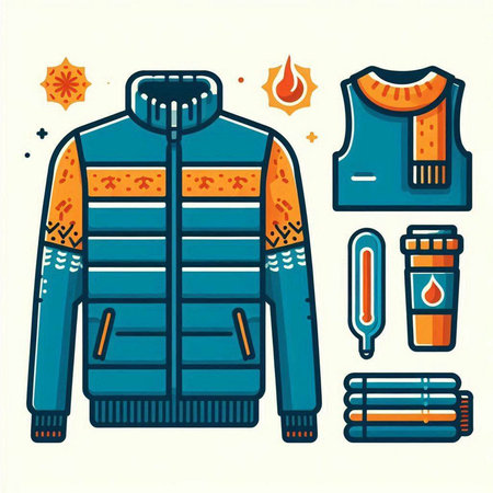 Vector illustration of a winter jacket, cold weather and hot drinks.のイラスト素材