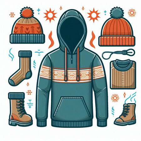 Winter clothing and accessories set. Vector illustration in doodle style.のイラスト素材