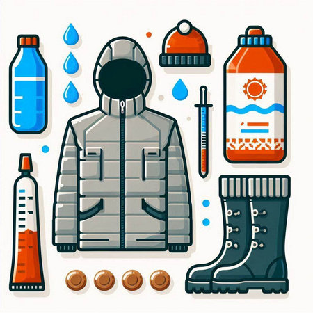 Winter clothing and accessories set. Vector illustration in flat cartoon style.のイラスト素材