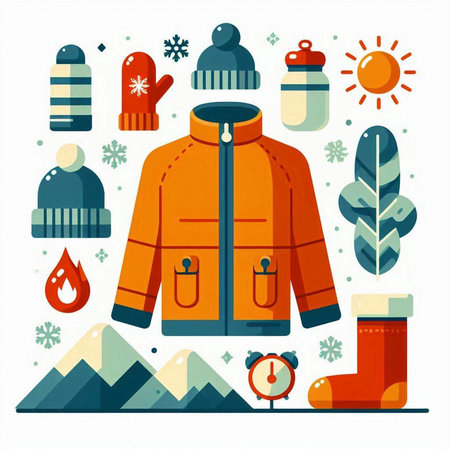 Winter clothes. Warm clothing for cold weather. Vector illustration in flat styleのイラスト素材