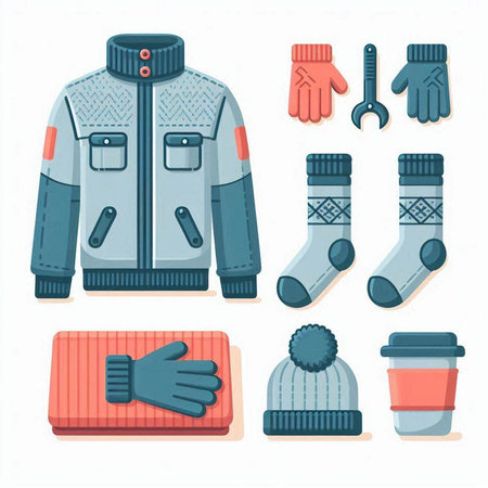 Winter clothes and accessories set. Vector illustration in flat cartoon style.のイラスト素材