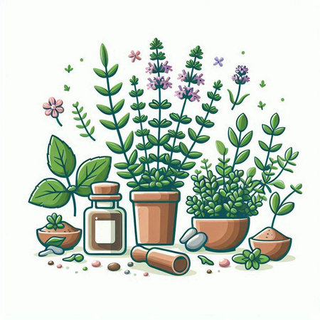 Flowers and herbs in pots on a white background. Vector illustration.のイラスト素材