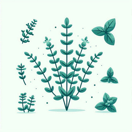 Set of herbs and leaves. Vector illustration in flat cartoon style.のイラスト素材
