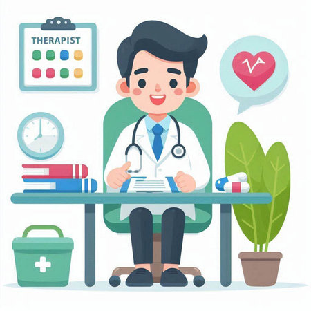 Male doctor sitting at his desk and writing medical report. Vector illustration.のイラスト素材