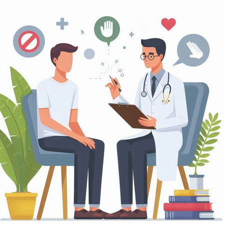 Male doctor talking to patient and writing prescription. Vector illustration in flat styleのイラスト素材