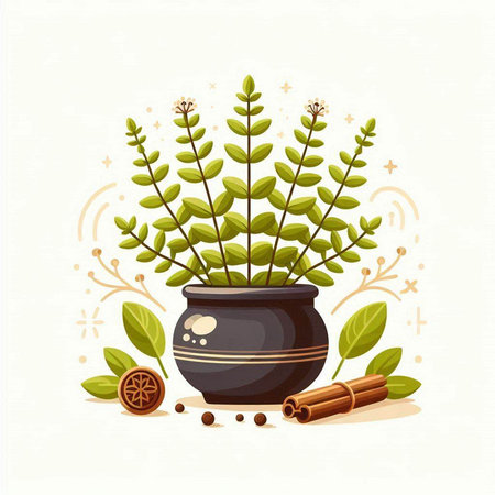 Flower pot with herbs and spices. Vector illustration in cartoon style.のイラスト素材