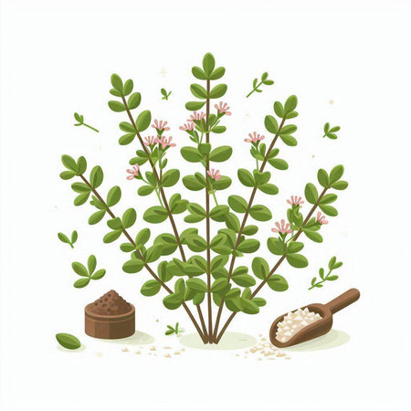 Flowering oregano branch with leaves and seeds. Vector illustration.のイラスト素材