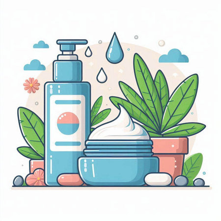 Cosmetic products. Cream, lotion, shampoo, shower gel, cream, lotion. Vector illustrationのイラスト素材