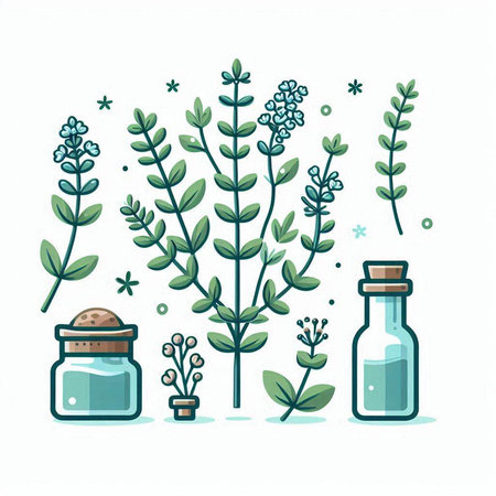 Vector illustration of a set of plants and herbs in glass bottles.のイラスト素材