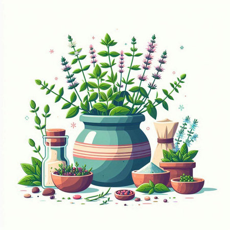 Herbs and spices in ceramic pots. Vector illustration of herbs.のイラスト素材
