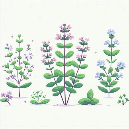 Illustration of a set of different plants and flowers on a white backgroundのイラスト素材