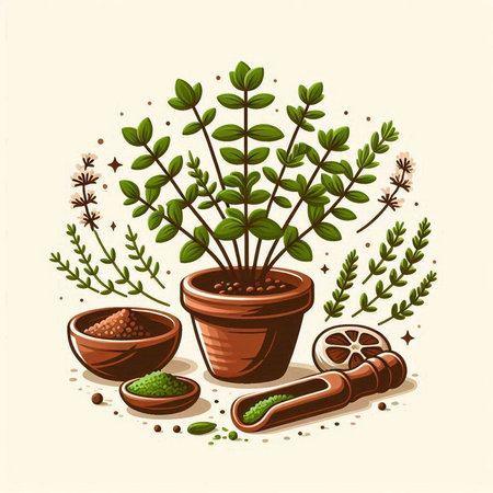 Herbs and spices. Vector illustration of herbs in a pot.のイラスト素材
