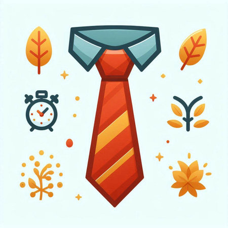 Vector illustration of a necktie with autumn leaves and alarm clock.のイラスト素材
