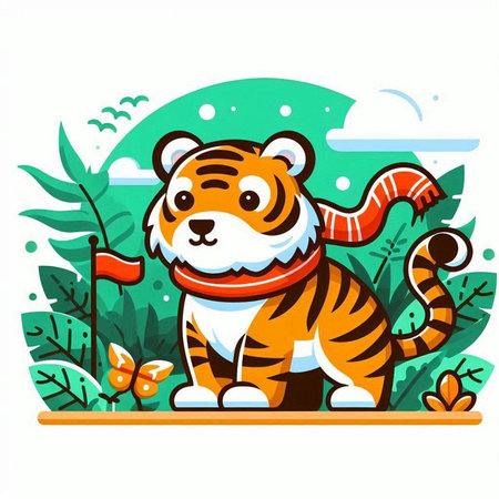 Cute tiger in the jungle. Vector illustration of a cartoon tiger.のイラスト素材