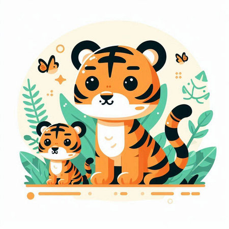 Cute tiger and tiger cub. Vector illustration in flat style.のイラスト素材