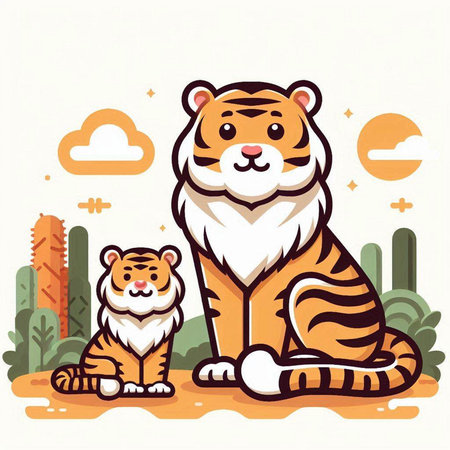 Vector illustration of tiger and tiger cub on white background with copy space.のイラスト素材