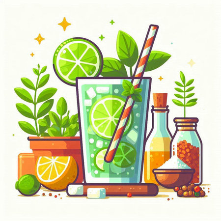 Mojito cocktail with lime, lemon, mint and ice. Detox drink. Vector illustrationのイラスト素材