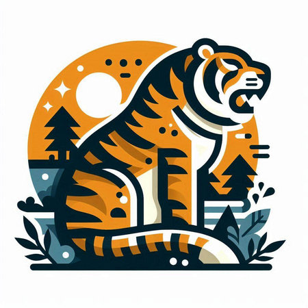 Vector illustration of a tiger and the forest in a flat style.のイラスト素材