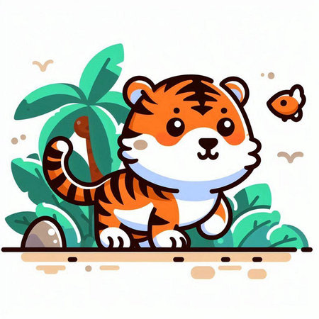 Cute cartoon tiger sitting on the ground in the jungle. Vector illustration.のイラスト素材