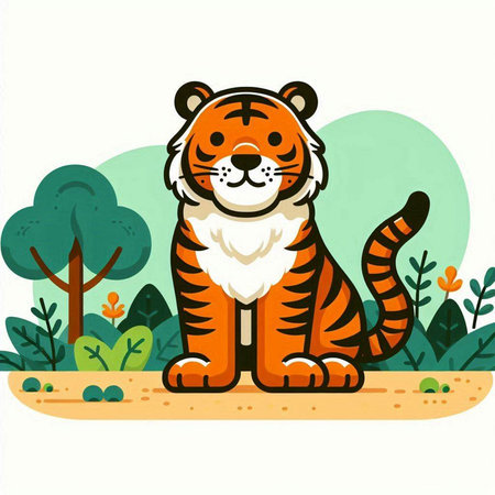 Cute tiger in the jungle. Vector illustration. Cartoon character.のイラスト素材