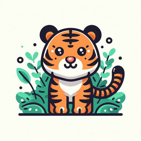 Cute cartoon tiger in the jungle. Vector illustration in flat style.のイラスト素材