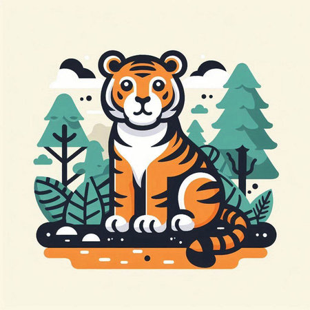 Cute tiger sitting on the ground in the forest. Vector illustration.のイラスト素材