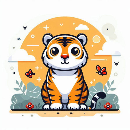 Cute cartoon tiger with flowers and butterflies. Vector illustration in flat style.のイラスト素材