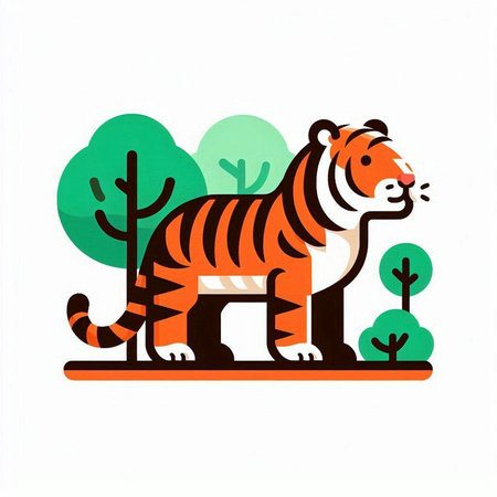 Vector illustration of a tiger on a background of trees and bushes.のイラスト素材