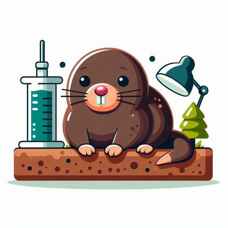 Cute mole sitting on the ground with a syringe. Vector illustration.のイラスト素材