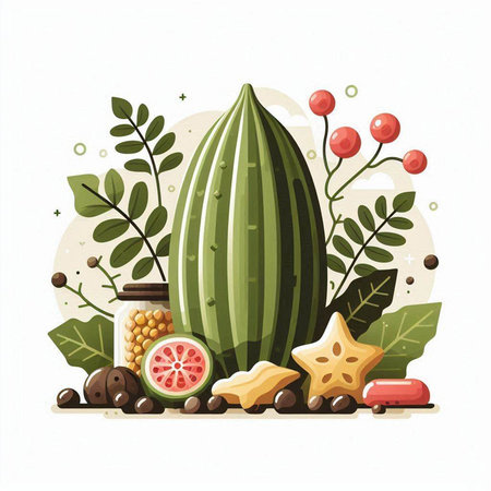 Cactuses, fruits, vegetables and spices. Vector illustration.のイラスト素材