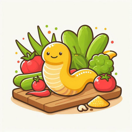 Illustration of a snake eating fresh vegetables on a wooden board.のイラスト素材