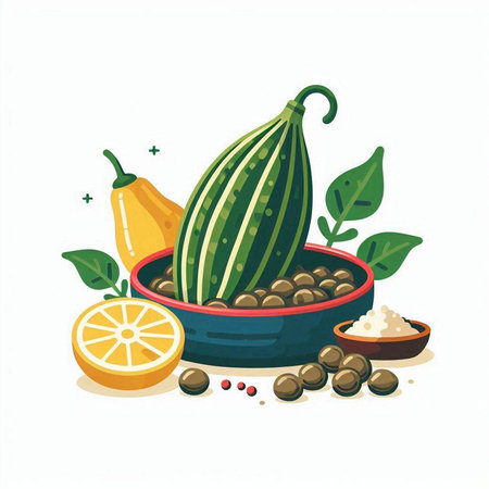 Cucumber, lemon, pepper, salt. Vector illustration.のイラスト素材