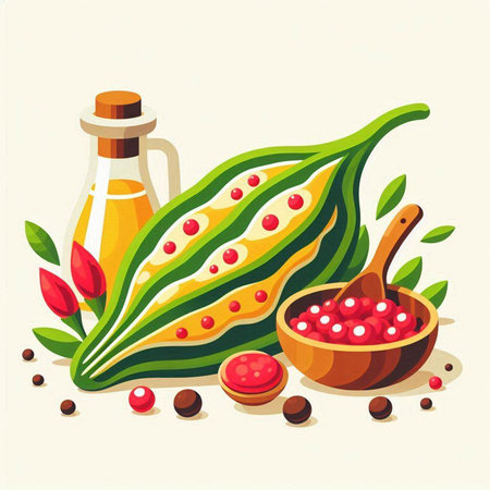 Bitter gourd and ingredients for cooking. Vector illustration.のイラスト素材