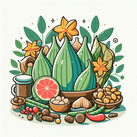 Hand drawn vector illustration of zucchini, grapefruit, ginger, lemon and spices. Isolated objects on white background.のイラスト素材