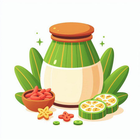 Coconut milk in glass jar with ingredients. Vector illustration.のイラスト素材
